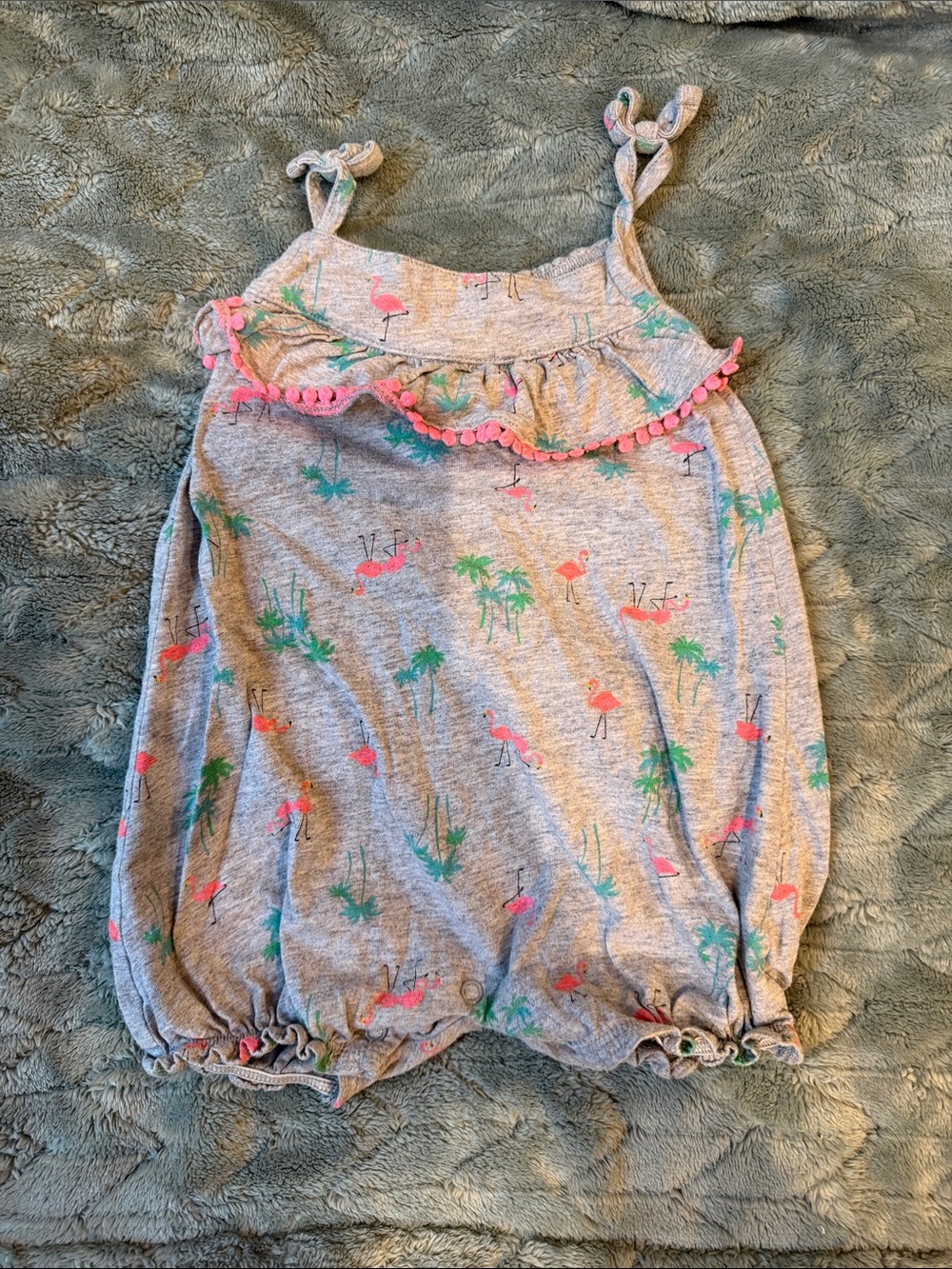 Carter's Gray Tank Romper with Pink Flamingo & Green Palm Print